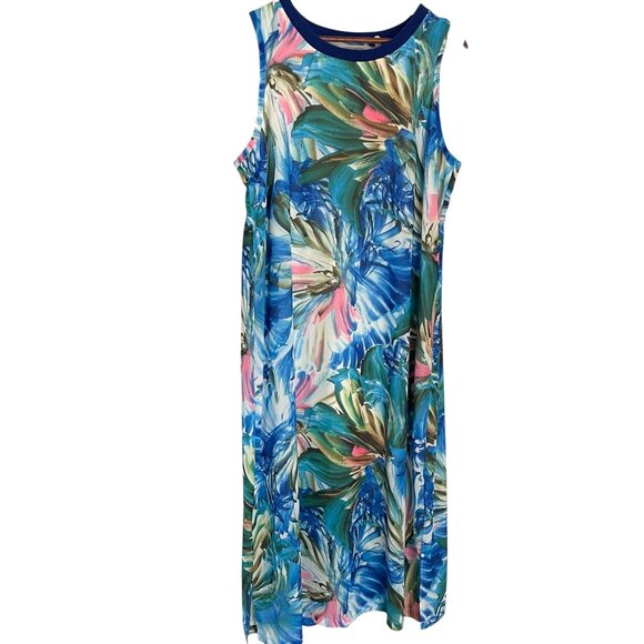 Soft Surroundings Penelope Midi Sun Dress PL Petite Large Blue Tropical Floral - Picture 1 of 5